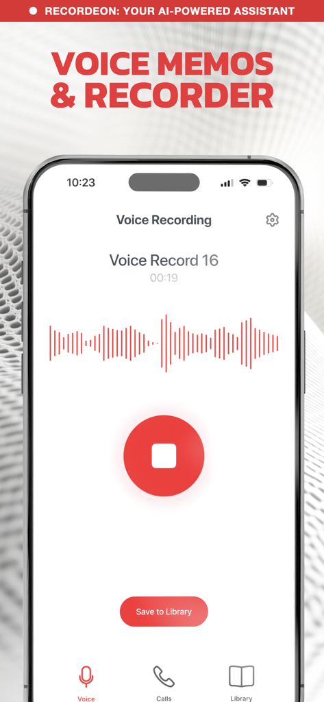 Interfaz de la aplicación Grabadora de Notas de Voz IA Recordeon para notas de voz y grabación con forma de onda y botón de parada