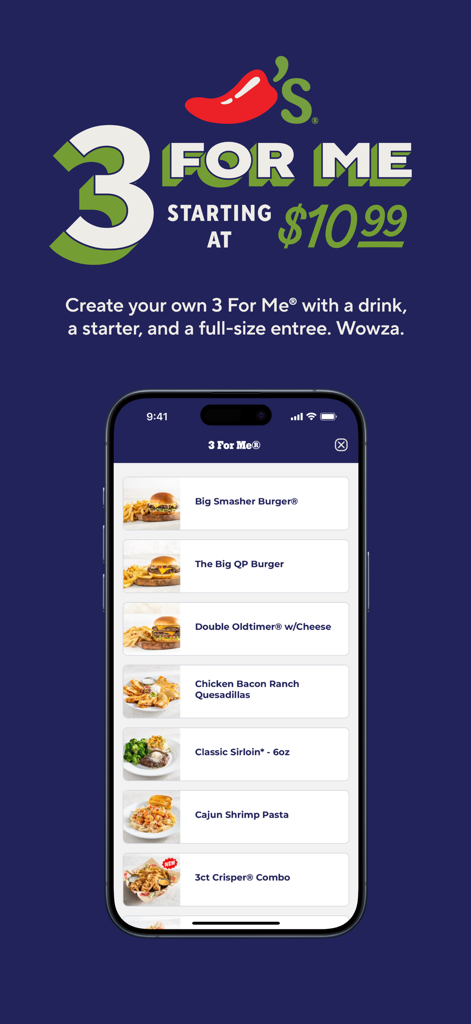 Chilis - Chilis mobile app showing the 3 For Me value meal menu options starting at 10.99