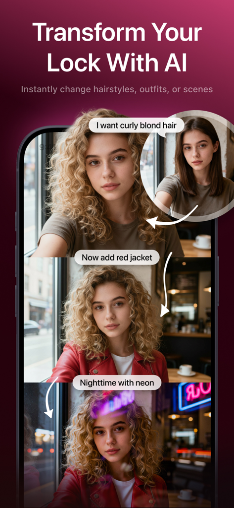Image Generator - Photix - A sequence showing Photix AI transforming a portrait by changing hairstyles, outfits, and backgrounds based on text prompts