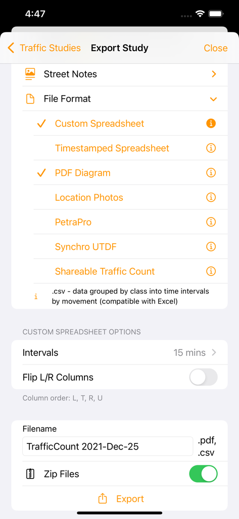 Traffic Count Pro - TMC - Bildschirm zum Exportieren von Studien, der professionelle Verkehrsdatenformate wie Synchro UTDF und benutzerdefinierte Tabellenkalkulationsoptionen anzeigt