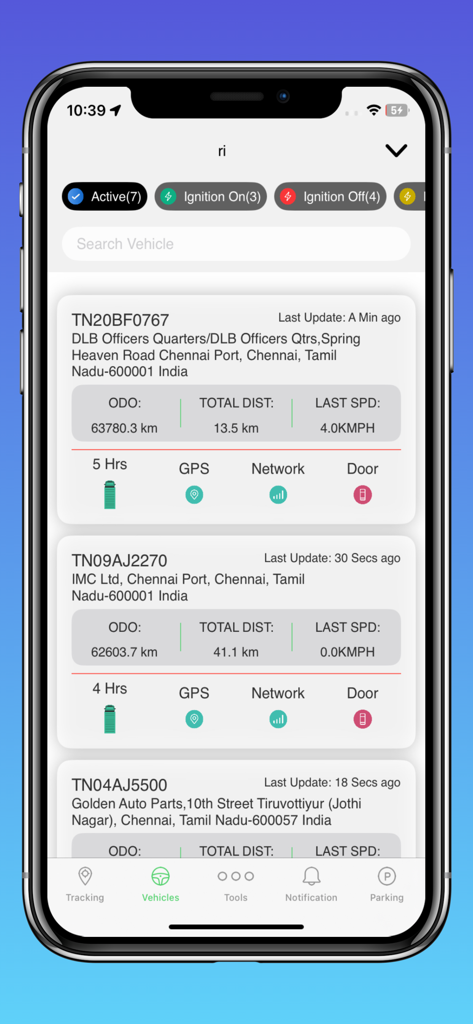 Gro Fleet - Real-time vehicle tracking dashboard showing status location and speed for multiple fleet units