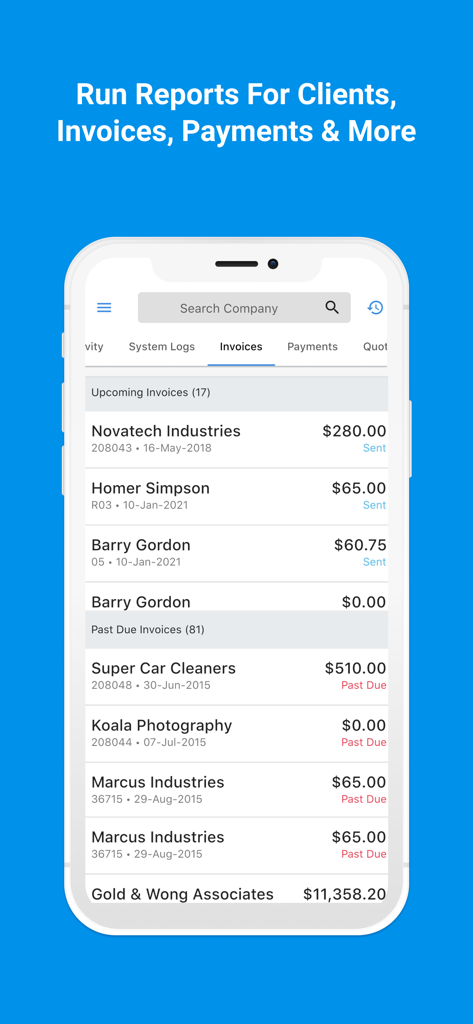 Invoice Ninja - Invoice Ninja mobile screen showing upcoming and past due invoices with payment amounts