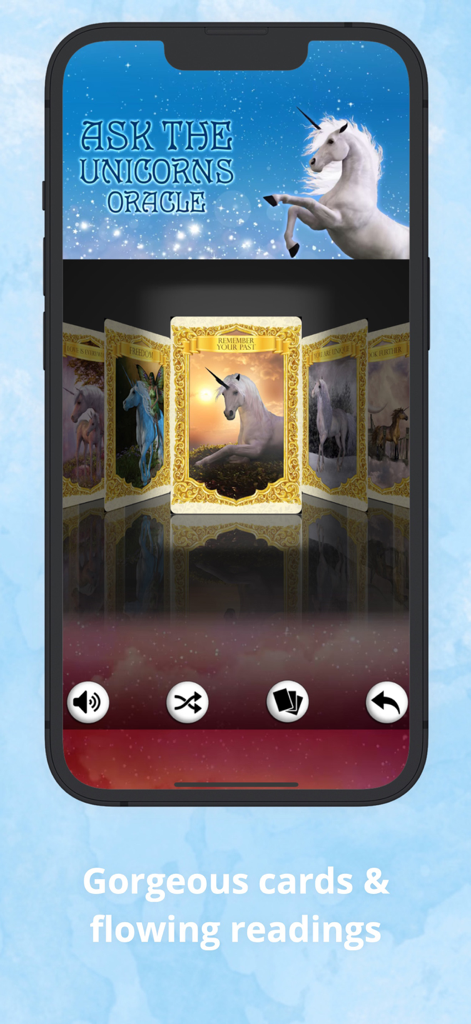 Ask the Unicorns Oracle Cards - Interface of the Ask the Unicorns Oracle Cards app displaying a selection of illustrated unicorn cards for spiritual guidance