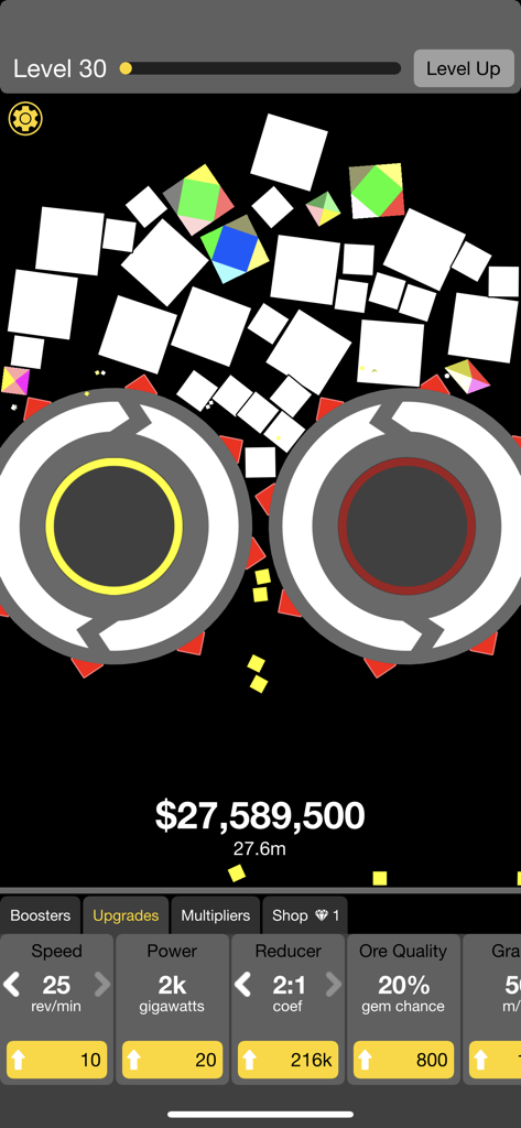Screenshot di gioco di Will it Crush che mostra ingranaggi che distruggono blocchi e il menu di potenziamento