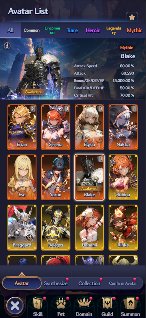 Legend of Avatar - Schermata di collezione eroi in Legend of Avatar che mostra un personaggio di rarità Mitica di nome Blake e varie carte avatar.