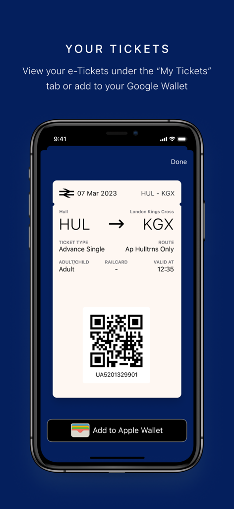 Digital e-ticket for a journey from Hull to London on the Hull Trains mobile app