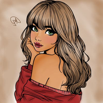 realistic girl with bangs looking over her shoulder