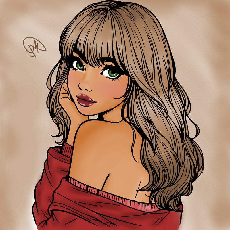 realistic girl with bangs looking over her shoulder