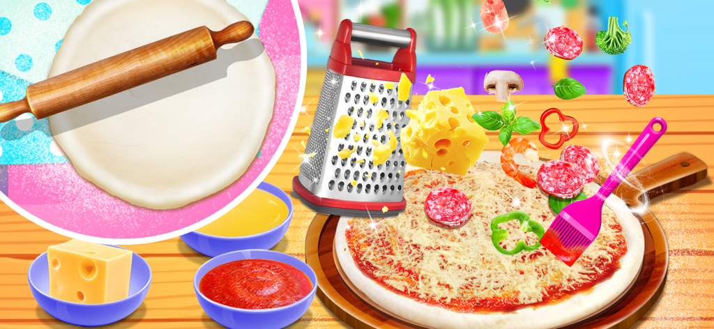 Pizza preparation screen showing dough rolling and colorful toppings in the cooking game