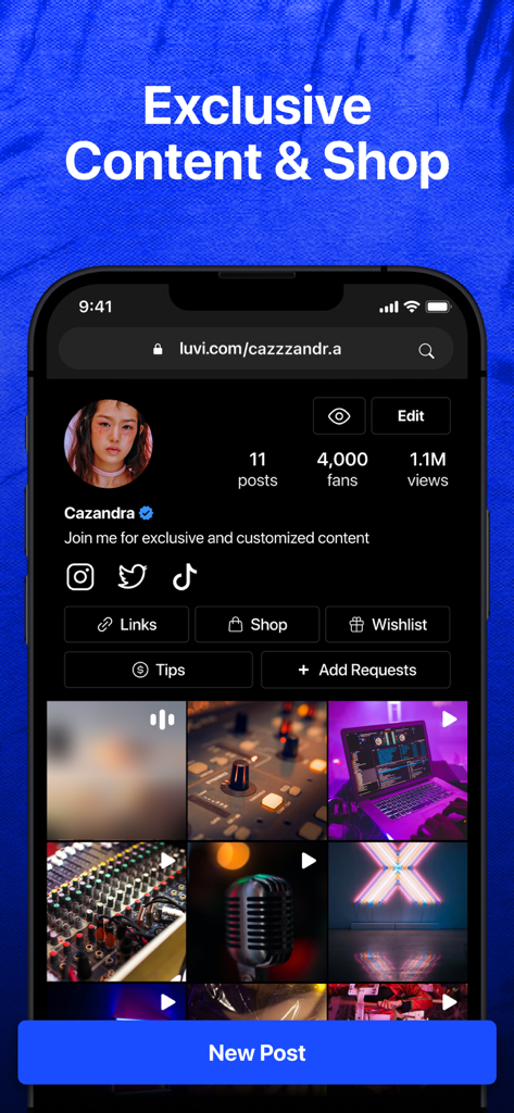 Luvi - Luvi app creator profile showing exclusive content feed and monetization buttons