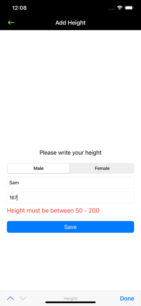 User interface for entering name and height details in the Height Comparison app