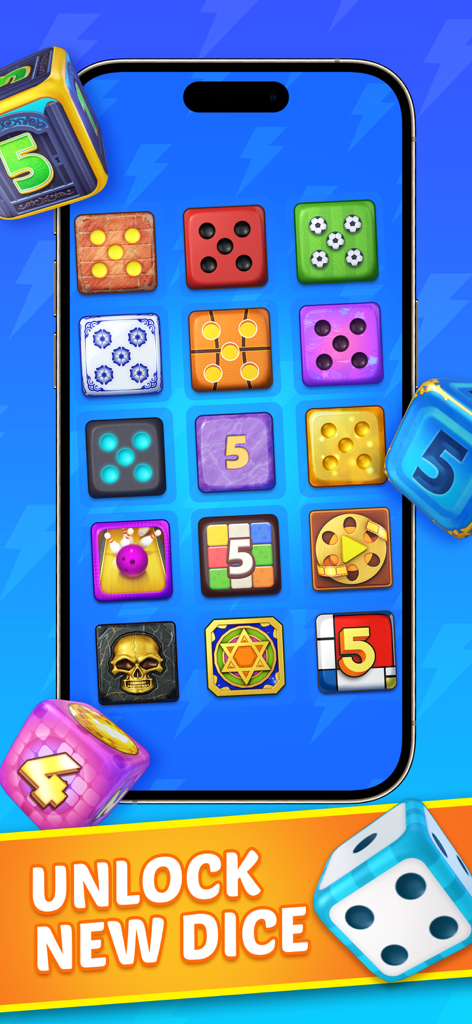 Yatzy Blitz: Classic Dice Game - A mobile phone screen displaying various colorful and themed dice skins to unlock in the Yatzy Blitz app.