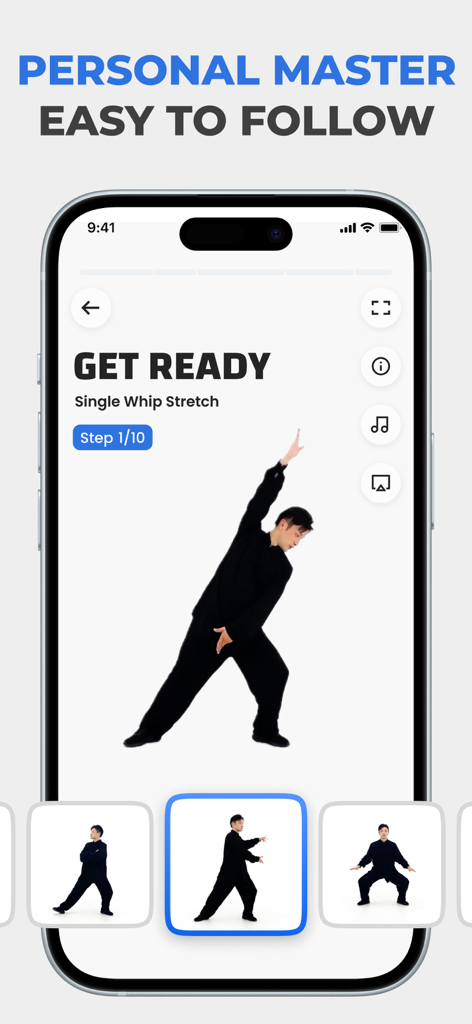 A Tai Chi instructor demonstrating a single whip stretch on a mobile phone screen