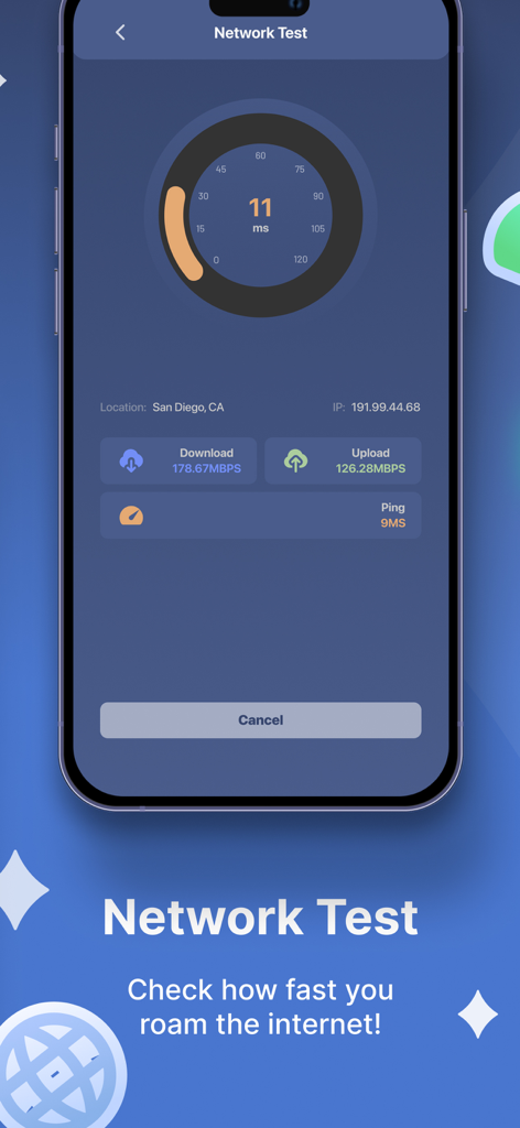 Pantalla del smartphone mostrando la función de prueba de red en la aplicación Super Smart Cleaner con velocidades de descarga y carga