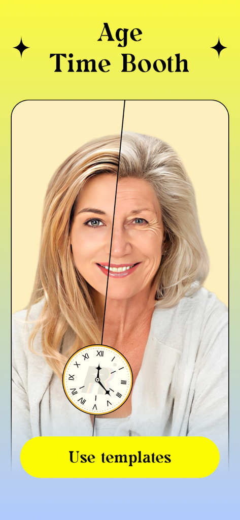 Ritmo Video: AI Video Generate - AI 노화 필터를 사용하여 젊은 모습에서 늙은 모습으로 변환된 여성의 분할 화면