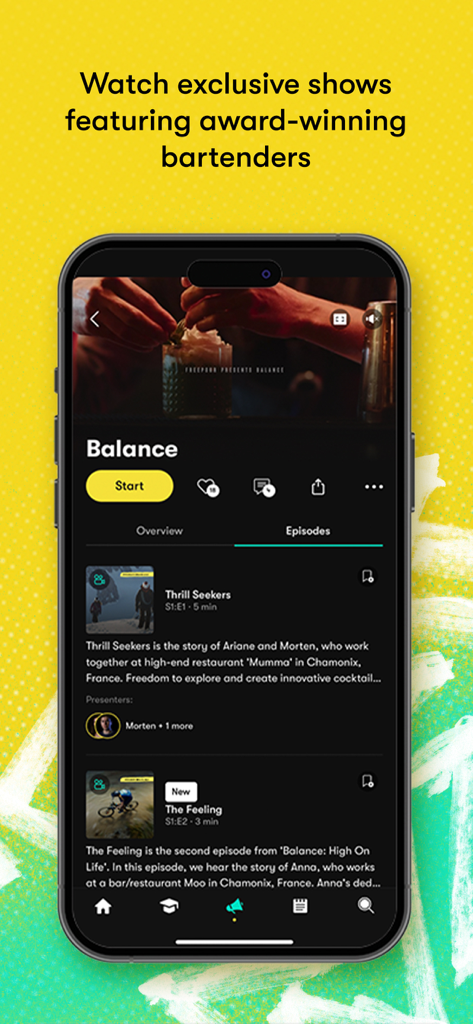 Freepour - For Pro Bartenders - Freepour app interface showing a list of exclusive video shows and episodes for professional bartenders