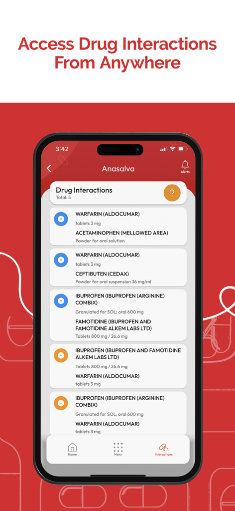 ANASALVA - Interfaz de la aplicación móvil ANASALVA que muestra una lista de interacciones medicamentosas para la seguridad de la medicación del paciente