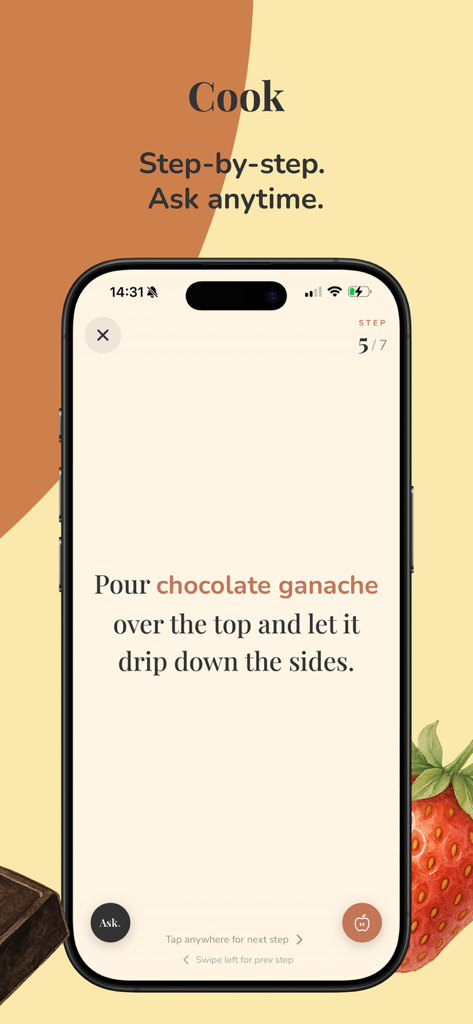 Instrucciones de cocina paso a paso de la aplicación FOODIE para una receta de ganache de chocolate.