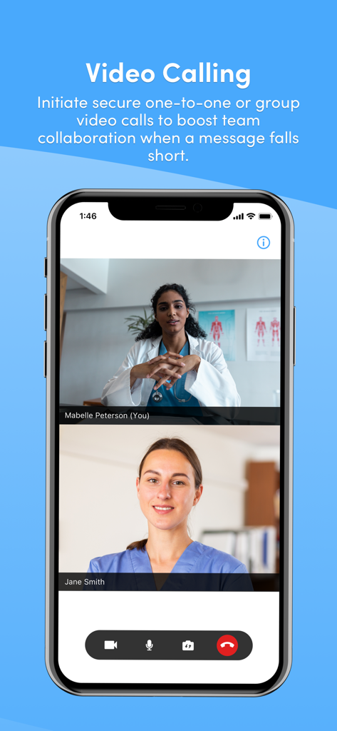 Two medical professionals collaborating through a secure video call on the Celo mobile app
