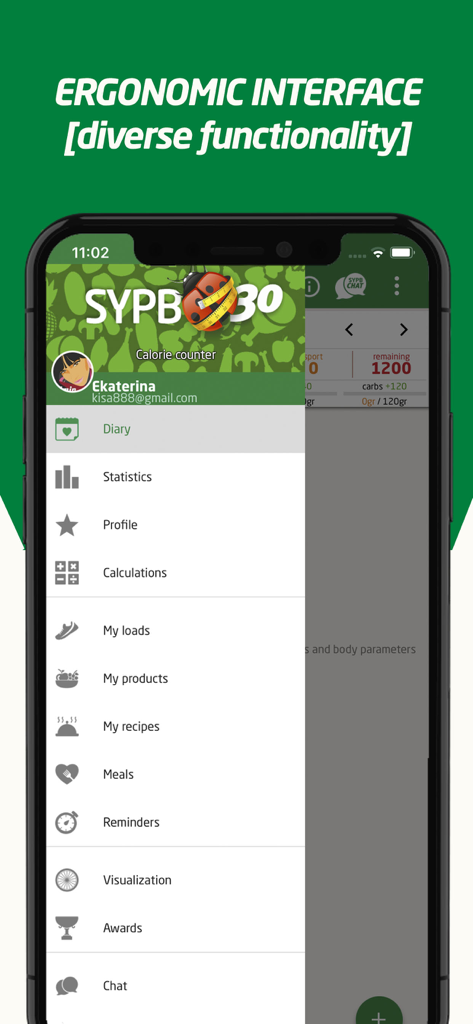 Calorie Counter - SYPB 30 - Un smartphone que muestra el menú de navegación lateral de la aplicación de contador de calorías SYPB 30 con varios iconos de funciones