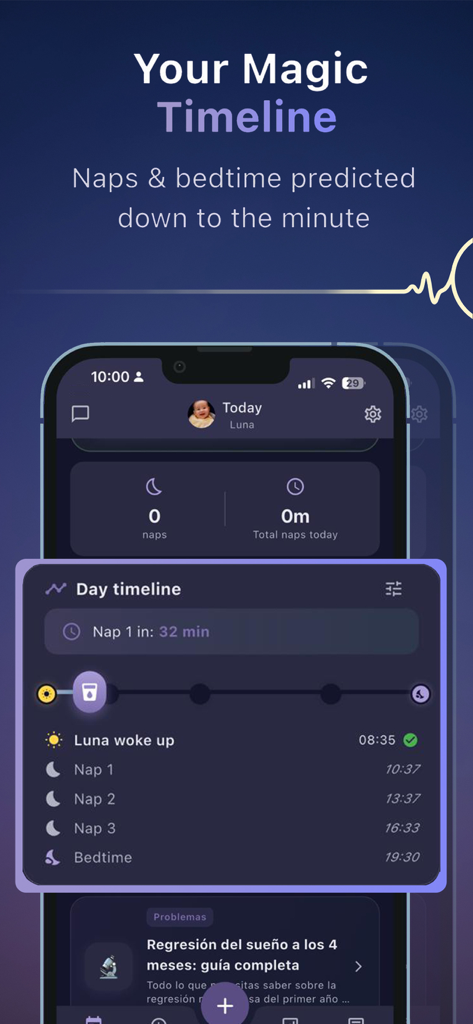 Nana: Baby Sleep Coach - Nana app interface showing a daily timeline with predicted nap and bedtime schedules for a baby.