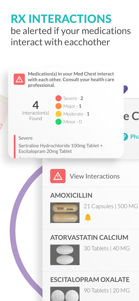 Screen from the ScriptSave WellRx app showing a drug interaction warning for medications in the user med chest.