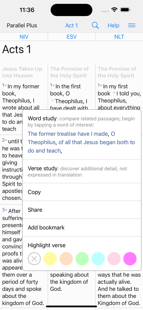 Parallel Plus app displaying a verse study and word study menu over multiple Bible versions