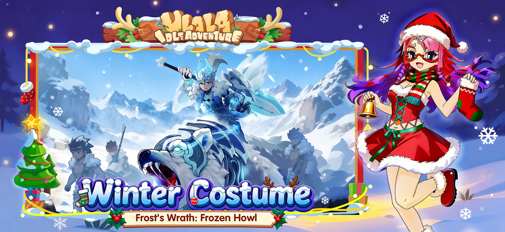 Ulala: Idle Adventure - Ulala Idle Adventure winter costume event featuring a Christmas themed character and a warrior in ice armor riding a wolf