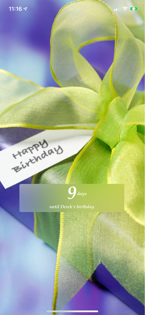 Birthday countdown screen showing 9 days until Dereks birthday with a green ribbon gift