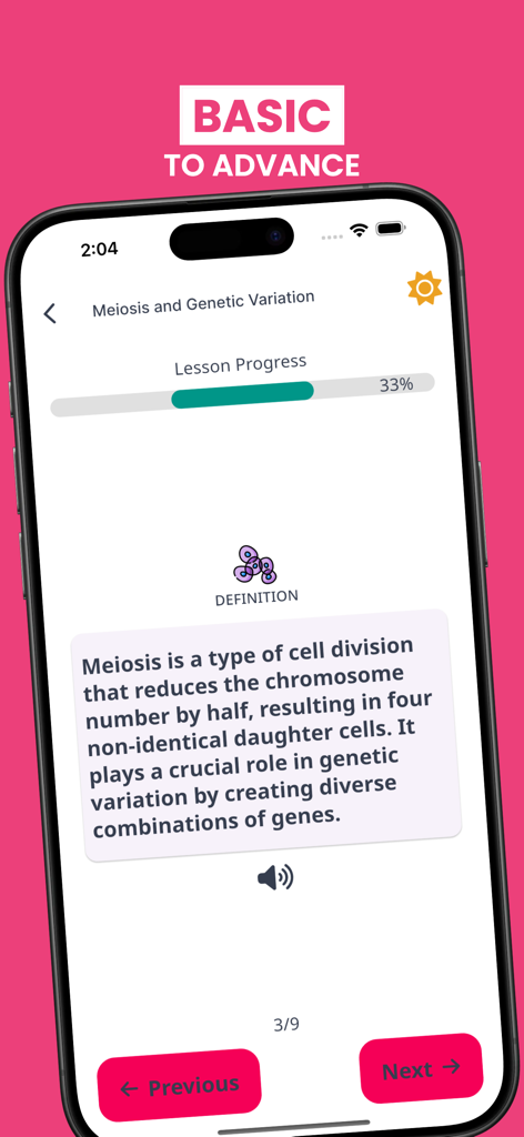 Biology Pro - Interface of the Biology Pro app showing a lesson on Meiosis and Genetic Variation with a definition and progress bar