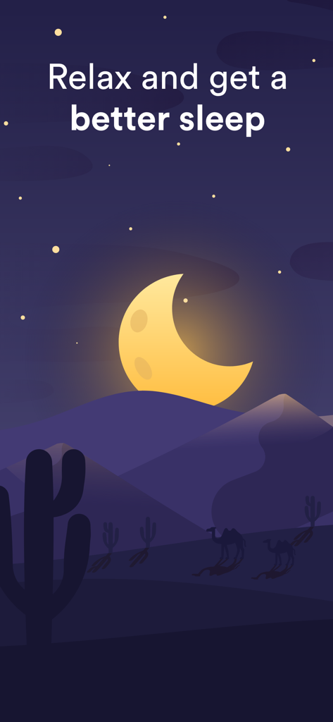 Night desert landscape with a crescent moon and text saying Relax and get a better sleep