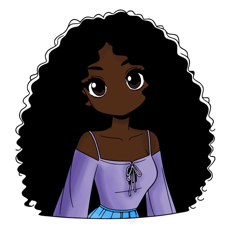 a black anime girl with long afro hair