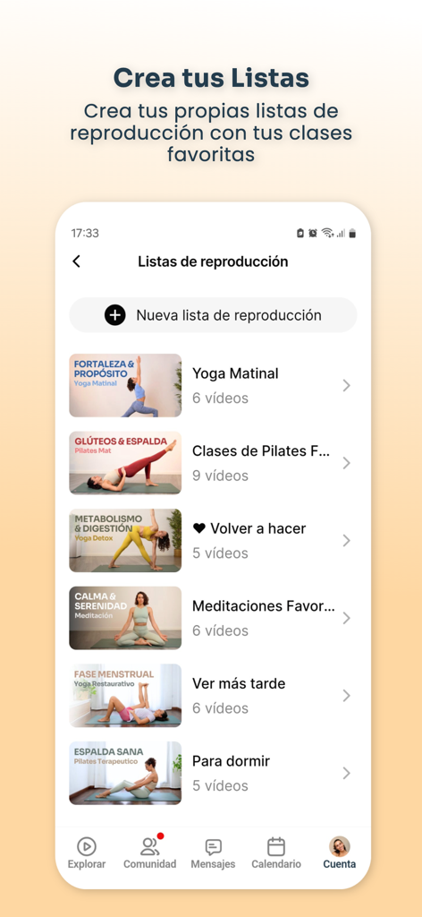 Custom yoga and pilates playlists in the Plenamente app interface