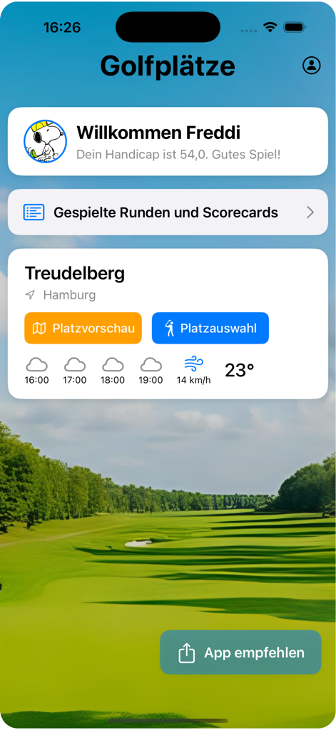 StrokeTap- Simple Golf Counter - StrokeTap app welcome screen showing golf course selection and weather details