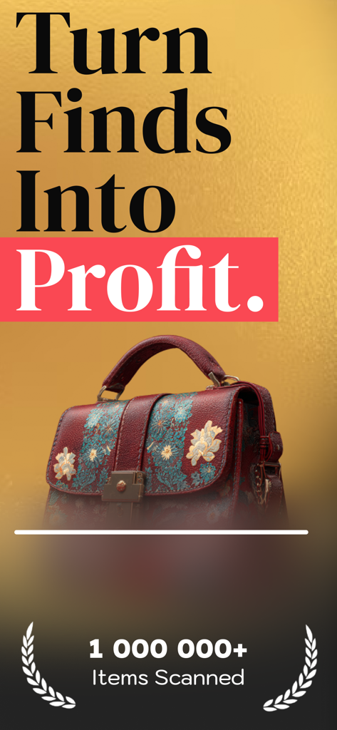 Thriftly: Profit Identifier - A promotional graphic for the Thriftly app featuring a vintage floral handbag and the slogan Turn Finds Into Profit