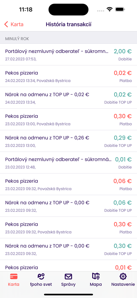 Transaction history screen of the fpoho app showing payments and account top ups