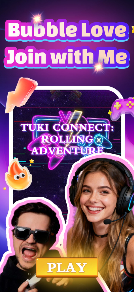 Tuki Connect:Bubble Love - Promotional screen for Tuki Connect Bubble Love showing two young gamers and a large yellow play button