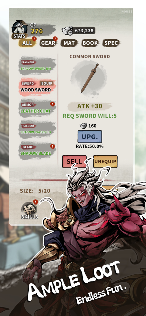 Inkblade Idlers: Wuxia RPG - Inkblade Idlers Wuxia RPG inventory screen showing gear upgrades and character art