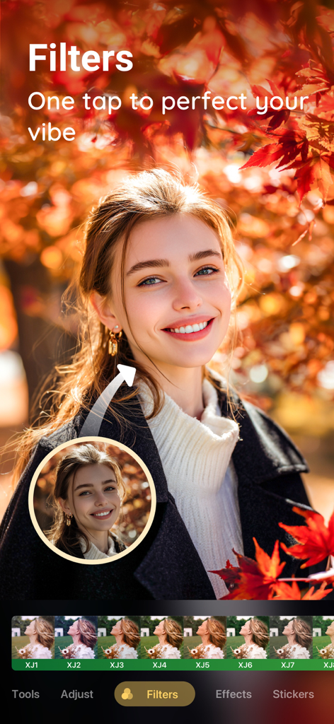 Peachy app interface displaying various one-tap photo filters applied to a woman's portrait with an autumn background