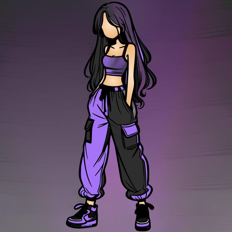 girl in baggy pants crop top and long hair