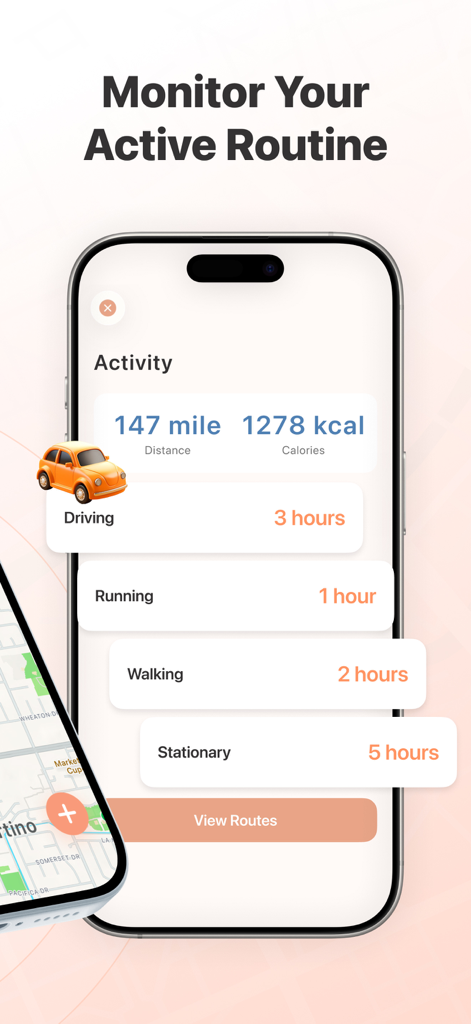 Location, Steps Tracker: Movia - Painel do aplicativo Movia mostrando um resumo da atividade diária, incluindo caminhada, corrida, direção e tempo parado