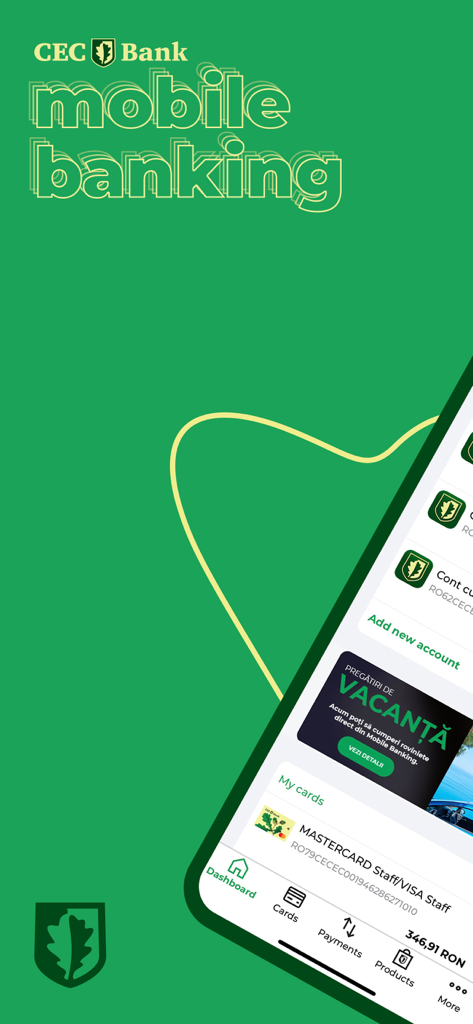 CEC Bank Mobile Banking - Interfaz de la aplicación de banca móvil de CEC Bank que muestra el panel de control de la cuenta y el menú de navegación