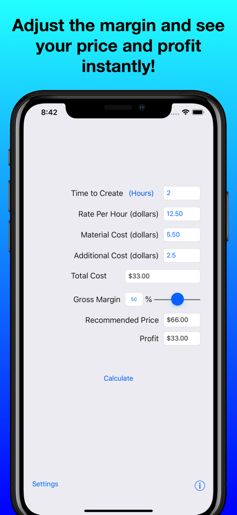 Craft Pricing Helper - Interface of the Craft Pricing Helper app showing cost inputs and a profit margin slider on a smartphone screen.