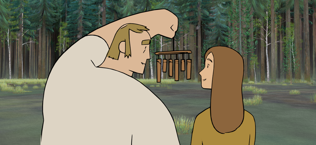 Pine: A Story of Loss - 森の中で微笑む木工職人と妻の手描きのイラスト。