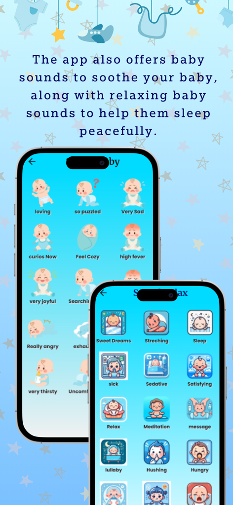 Baby Translator - Interfaz de la aplicación Traductor de Bebés mostrando varios iconos de emociones de bebé y una colección de sonidos relajantes para dormir y calmar.