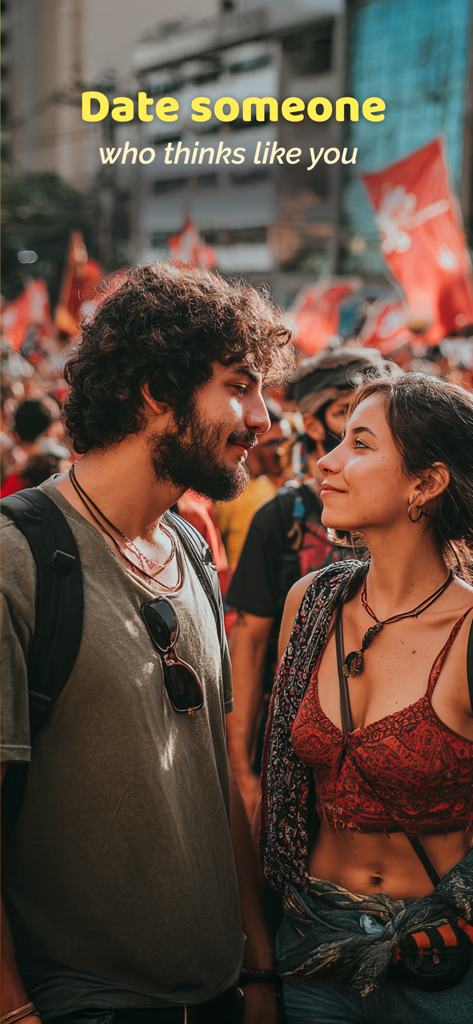 Flamr Dating for Progressives - A young couple looking at each other at a progressive political rally