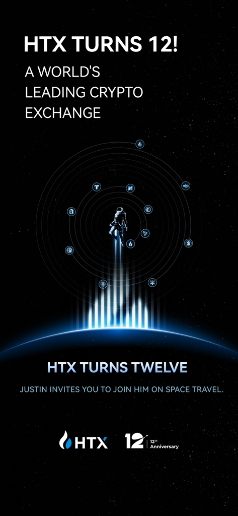 Imagen promocional del 12.º aniversario de HTX con un astronauta en el espacio rodeado de iconos de criptomonedas sobre un planeta.