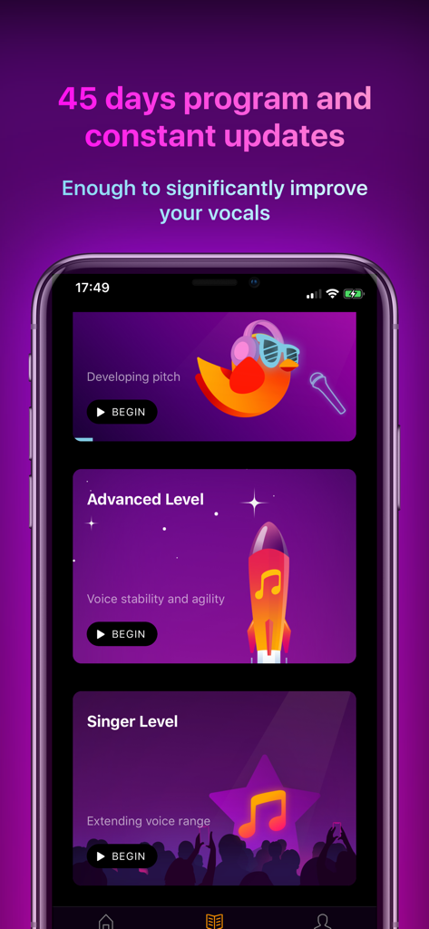 Vocal Workout: Singing lessons - Mobile app interface showing different singing lesson programs like developing pitch and advanced level