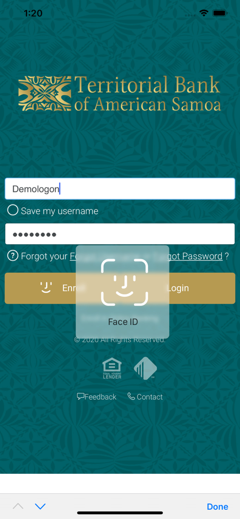 TBAS - Login screen of the TBAS mobile banking app showing a Face ID biometric authentication prompt.