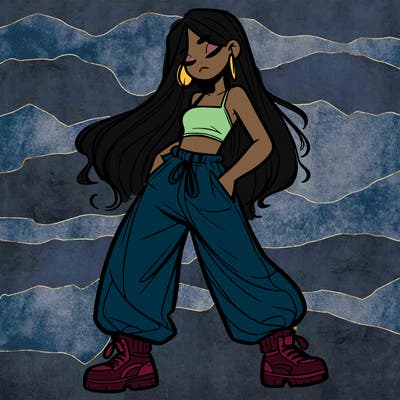 girl in baggy pants crop top and long hair